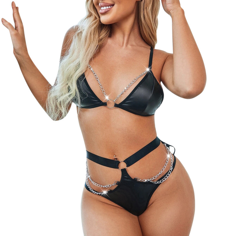 Faux Leather Chain Lingerie Set Castello Clothing Line