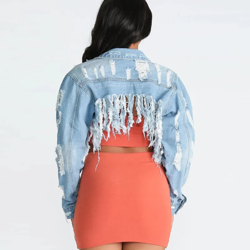 WildRush Distressed Long Sleeve Cropped Denim Jacket Castello Clothing Line