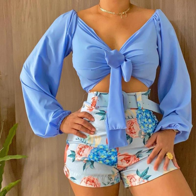 Lush Tie-Front Puff Sleeve Top & Floral High-Waist Shorts Set Castello Clothing Line