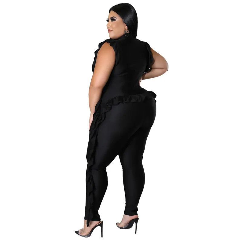 Gianna Plus Size High-Neck Ruffle Bodycon Jumpsuit Castello Clothing Line