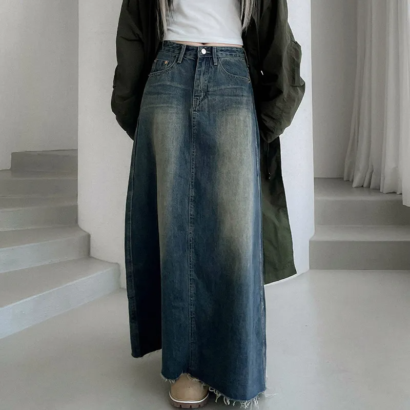 Vintage Vibe Frayed Hem Maxi Denim Skirt Castello Clothing Line