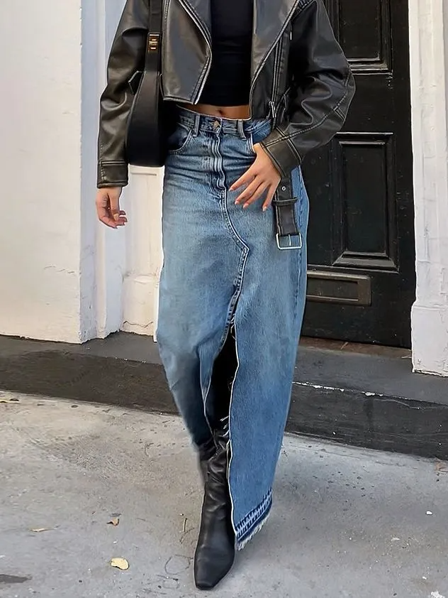 City Slay Front Slit Maxi Denim Skirt Castello Clothing Line