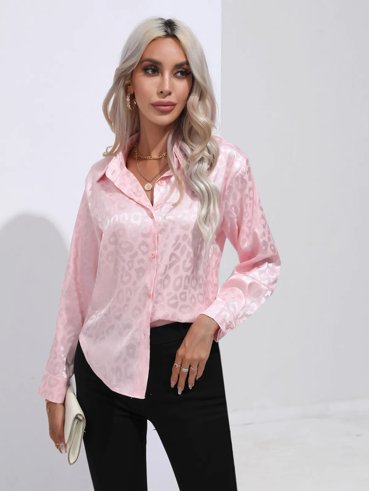 Savvy Spots Satin Button-Up Blouse Castello Clothing Line