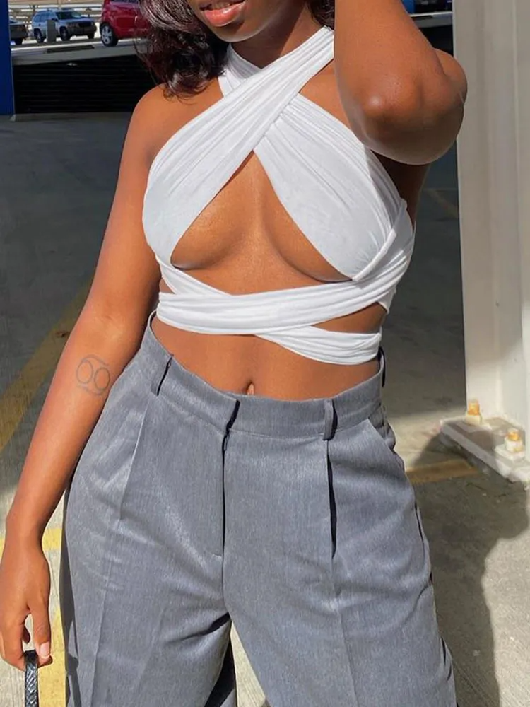 Zarae Versatile Cross-Halter Wrap Crop Top Castello Clothing Line