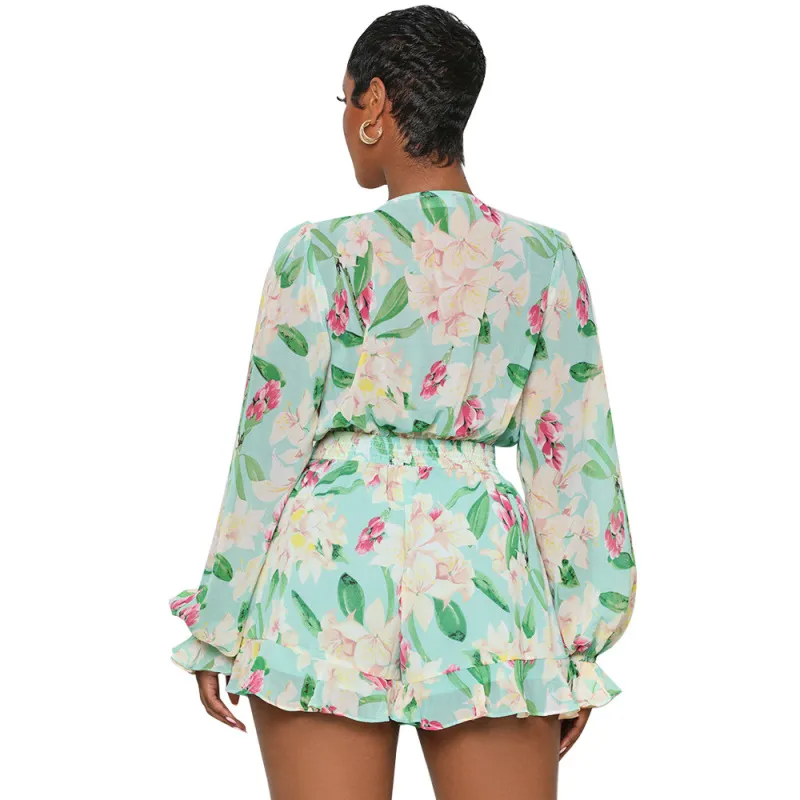 Spring Bloom Floral V-Neck Long-Sleeve Ruffle Romper Castello Clothing Line
