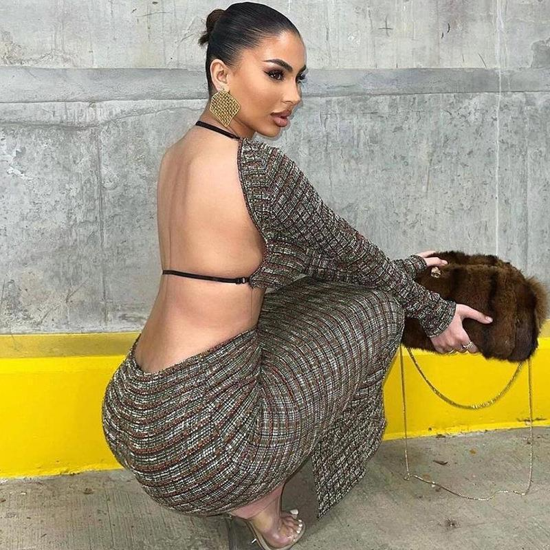 Long Sleeve Backless Crop Top & Elegant Back-Slit Skirt Set Castello Clothing Line