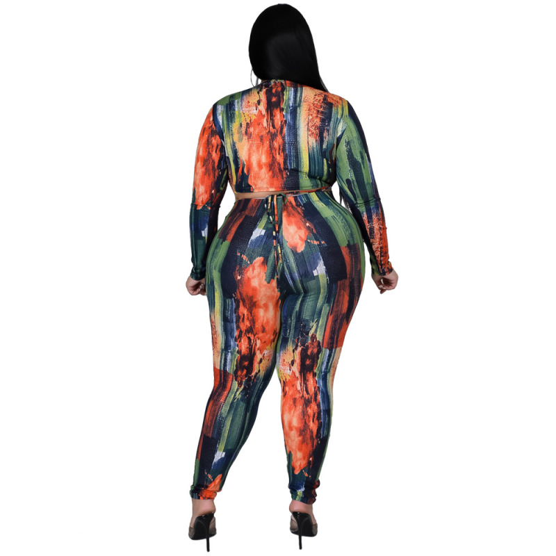 Plus Size Cut Out Long Sleeve Crop Top & Pencil Pants Set Castello Clothing Line