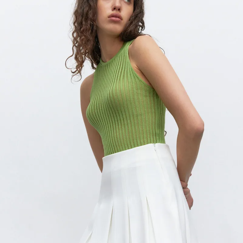 Zenith Sheer Ribbed High-Neck Sleeveless Knit Top Castello Clothing Line