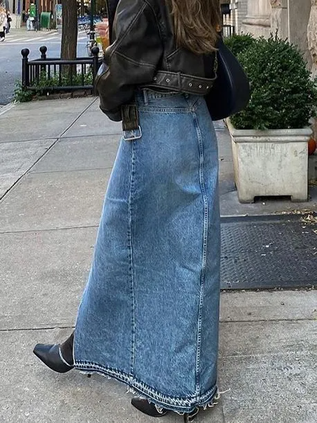 City Slay Front Slit Maxi Denim Skirt Castello Clothing Line