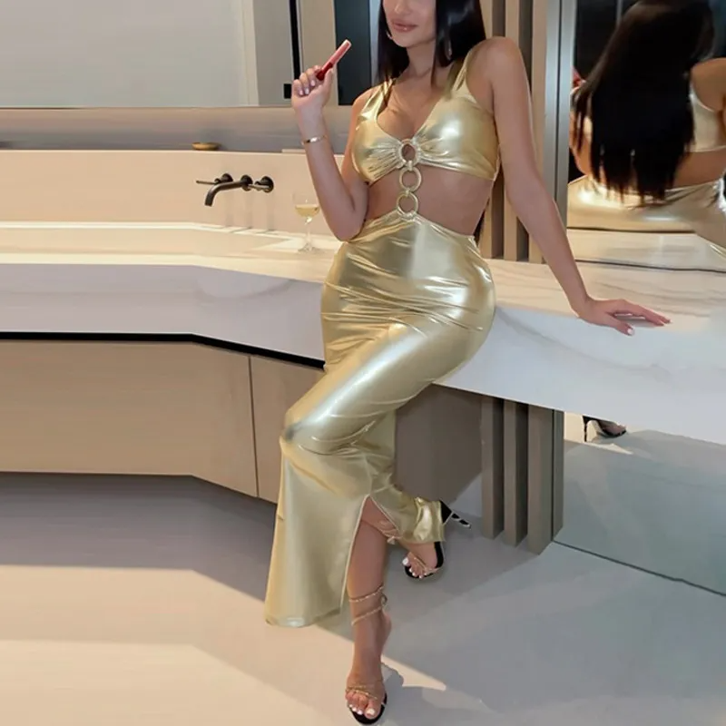 Metallic Ring Detailed Deep V Neck Bodycon Dress Castello Clothing Line