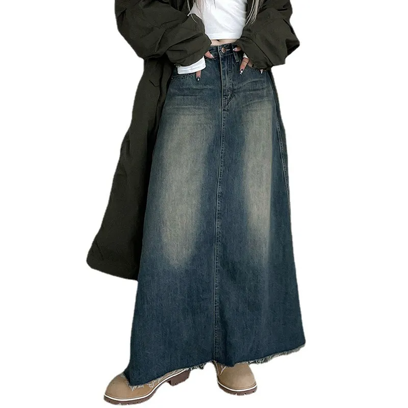 Vintage Vibe Frayed Hem Maxi Denim Skirt Castello Clothing Line