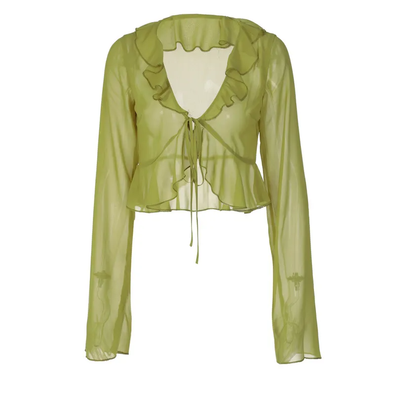 Flirty Ruffle Tie-Front Mesh Top Castello Clothing Line