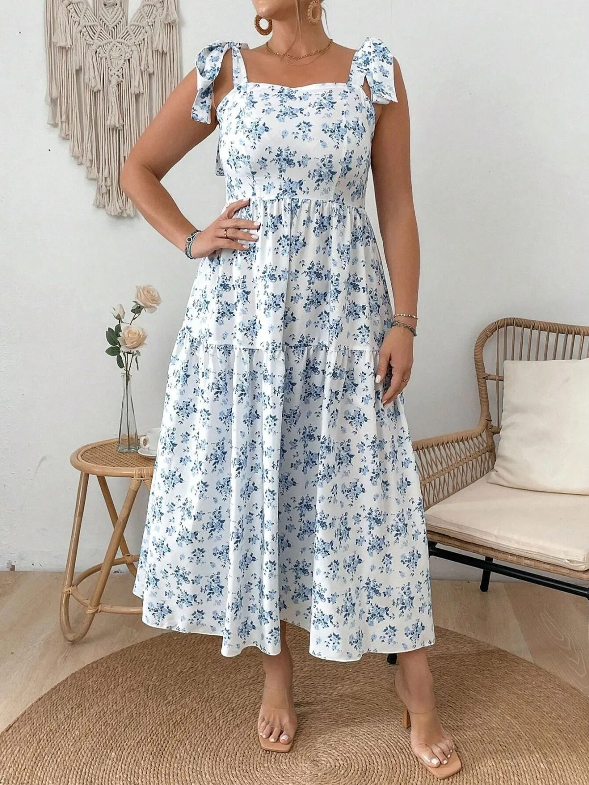 Caroline Plus Floral Print Tie Strap Tiered A-Line Midi Dress mini dress Castello Clothing Line