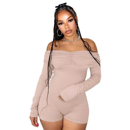 Playful Appeal Off-Shoulder Long-Sleeve Romper  Castello Clothing Line