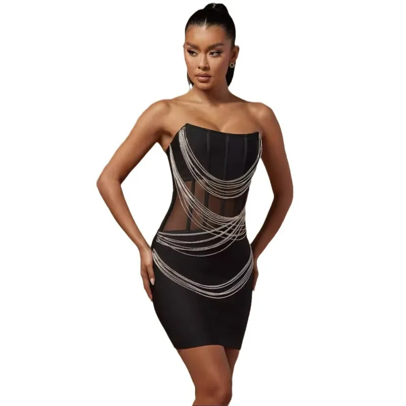 Zylar Strapless Mesh Rhinestone Chain Bodycon Mini Dress Castello Clothing Line