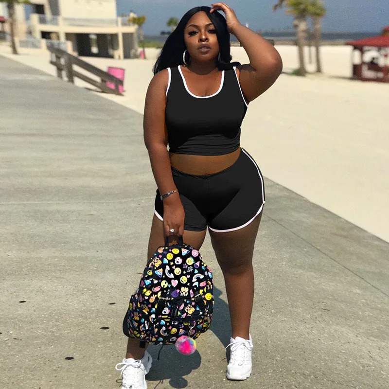 PlayfulWave Plus Size Crop Tank & High-Waist Shorts Set Castello Clothing Line