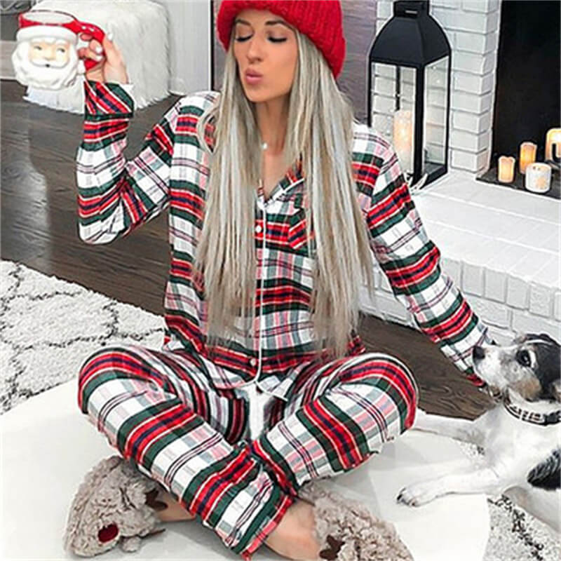 Dream Haven Plaid Long Sleeve Button-Up Pajama Set Castello Clothing Line