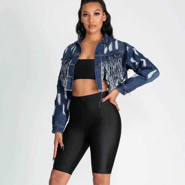 WildRush Distressed Long Sleeve Cropped Denim Jacket Castello Clothing Line