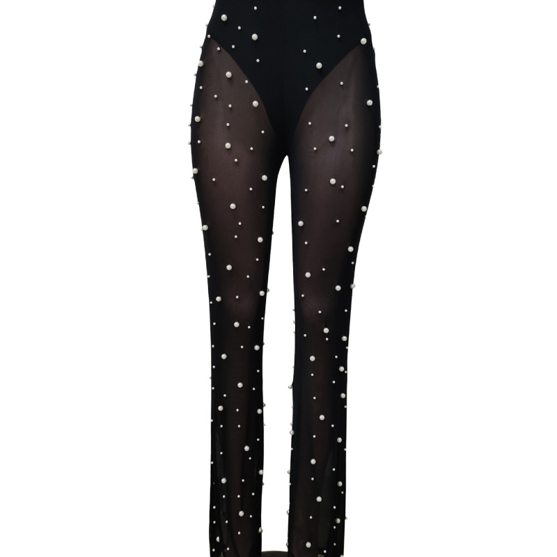 Ruckus High-Waist Sheer Pearl-Embellished Flare Pants Castello Clothing Line