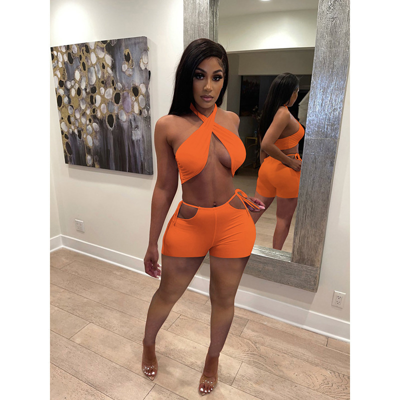 Vixen Crisscross Halter Cutout Tie Waist Shorts Set Castello Clothing Line