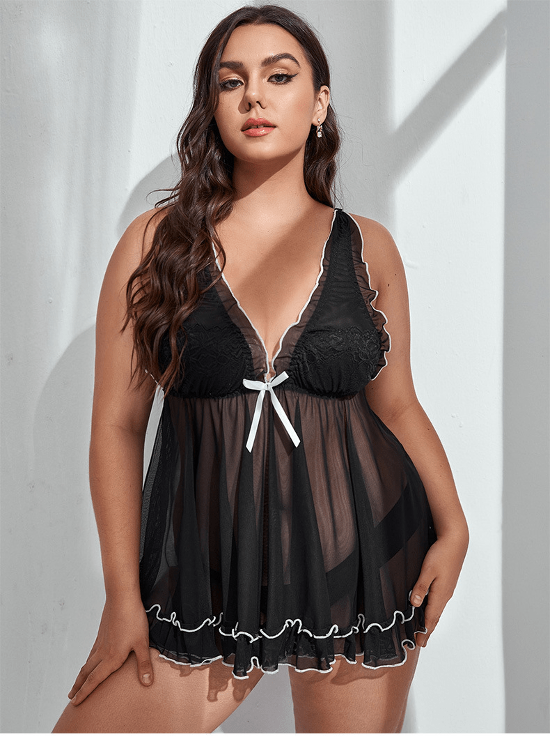 Plus Size Ruffle Backless V Neck Babydoll Lingerie Castello Clothing Line