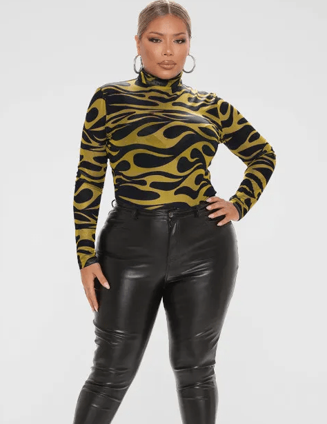 Flame Game Mesh Long Sleeve Turtleneck Bodysuit Castello Clothing Line