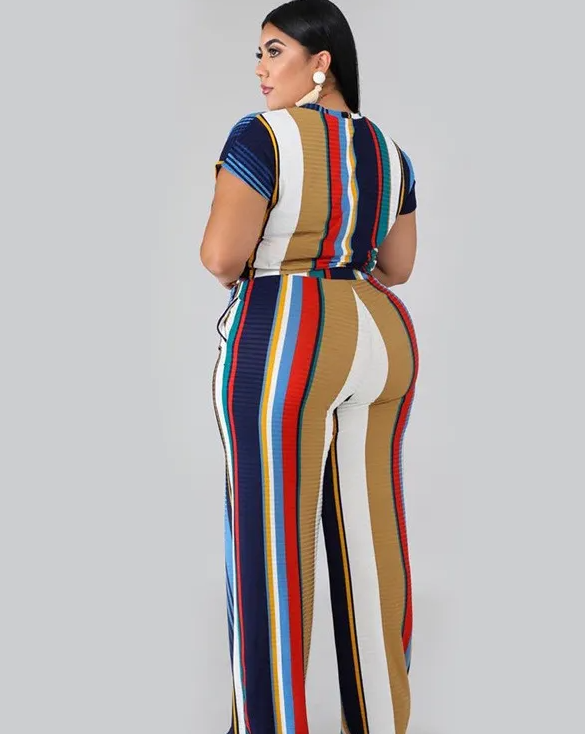 Plus Size 2-Piece Stripe Top & Wide Leg Pants Set Castello Clothing Line