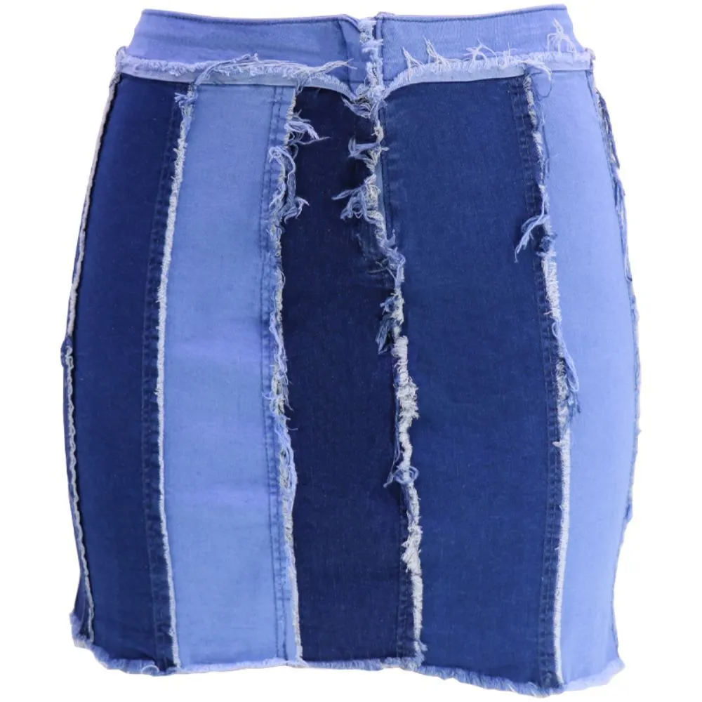 Patchwork Play High-Waist Denim Mini Skirt Castello Clothing Line