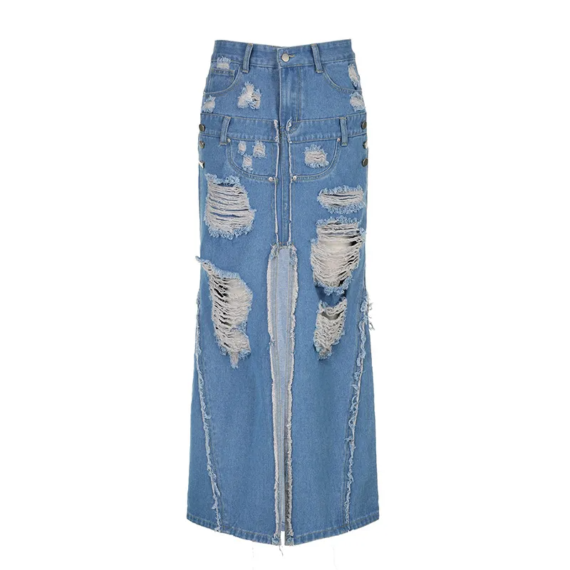 Ripped & Ready Slit Maxi Denim Skirt Castello Clothing Line