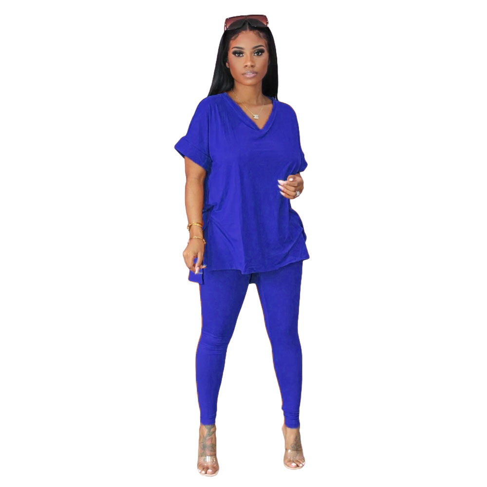 V-Neck Short Sleeve Top & Long Pencil Pants 2-Piece Set Castello Clothing Line