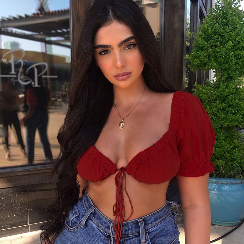 SummerBloom Puff Sleeve Tie Front Cropped Top Castello Clothing Line
