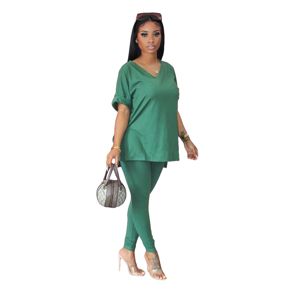 V-Neck Short Sleeve Top & Long Pencil Pants 2-Piece Set Castello Clothing Line
