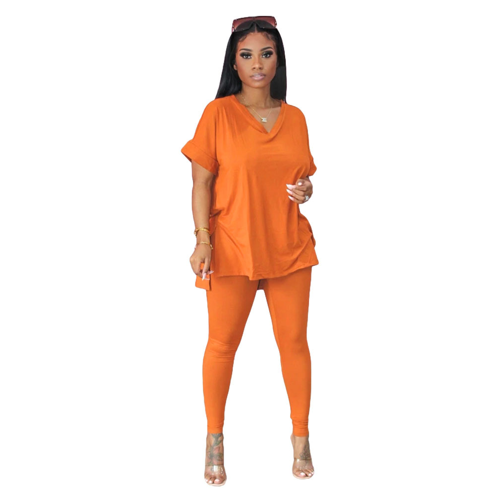 V-Neck Short Sleeve Top & Long Pencil Pants 2-Piece Set Castello Clothing Line