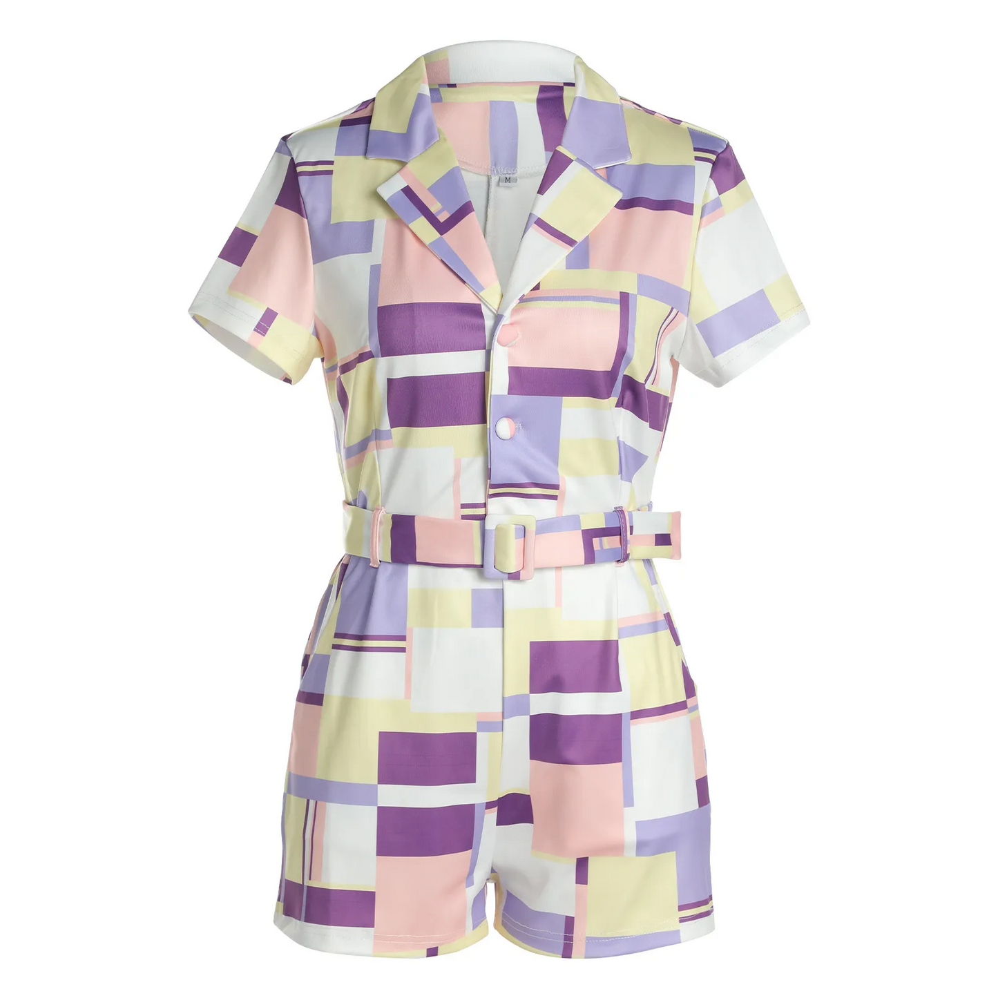Pop Art Belted Short Sleeve Collared Romper Castello Clothing Line
