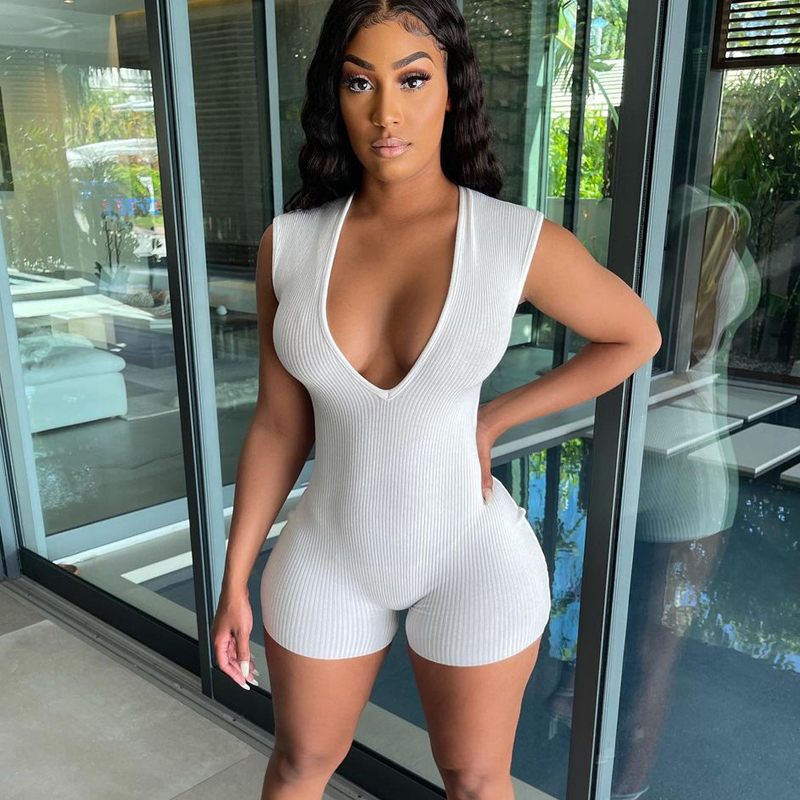 Va-Va Voom Ribbed Deep V Neck Romper Castello Clothing Line