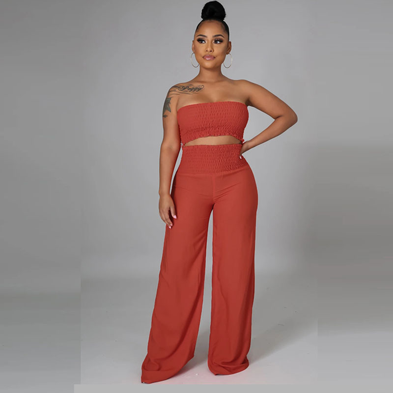 Smock Tube Top and Wide Leg Pants Set Castello Clothing Line