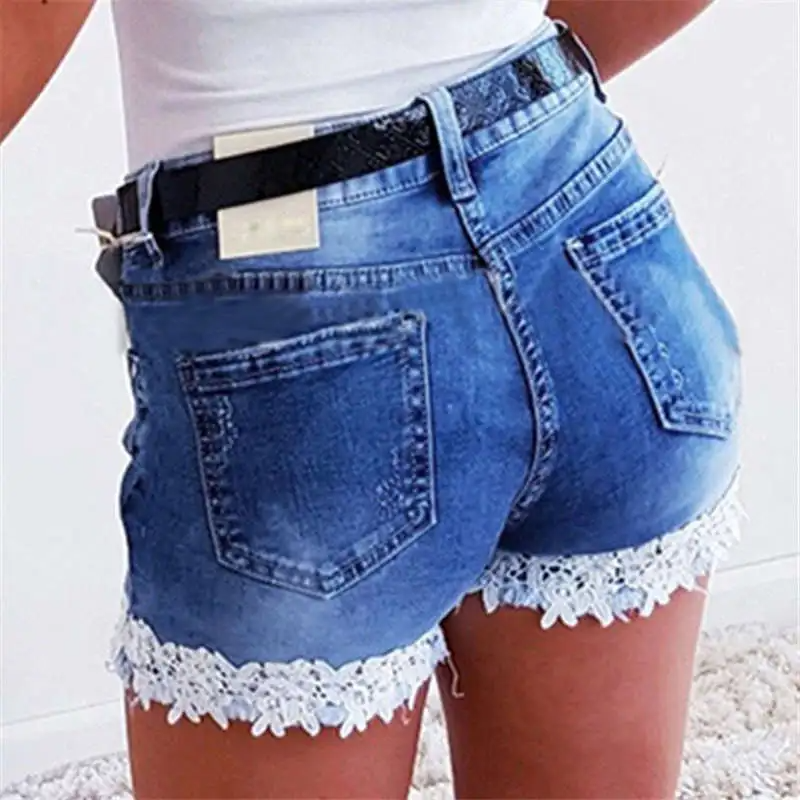 Flirt High-Waist Denim Lace Trim Shorts Castello Clothing Line