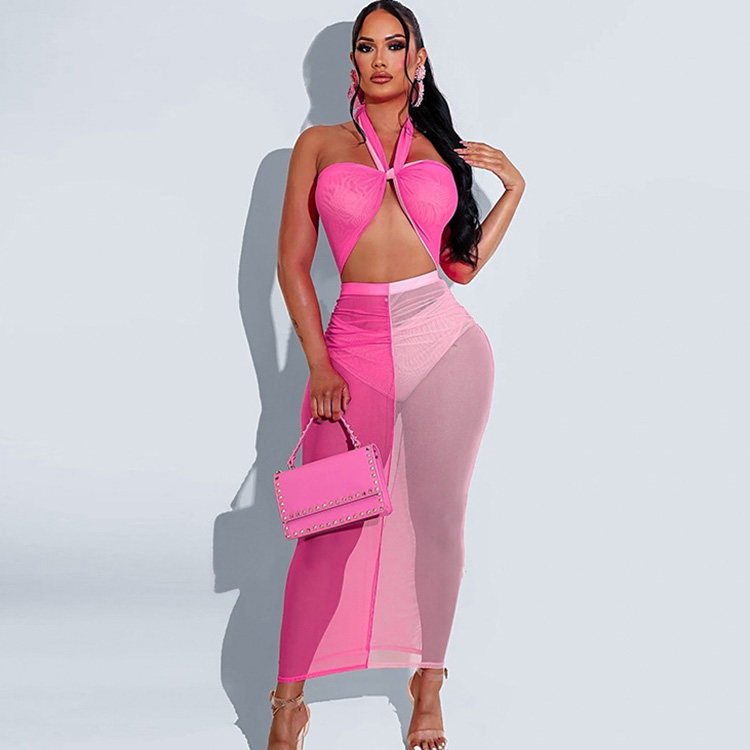 Sheer Color Block Halter Dress with Cut Out Back - Midi Dress Castello Clothing Line