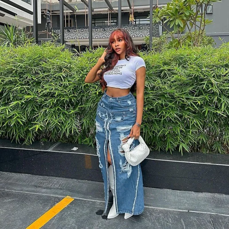 Ripped & Ready Slit Maxi Denim Skirt Castello Clothing Line