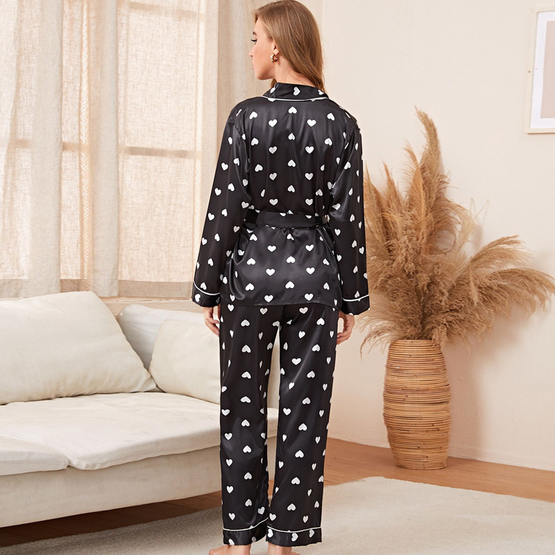 Midnight Romance Heart Print Satin Loungewear Set Castello Clothing Line