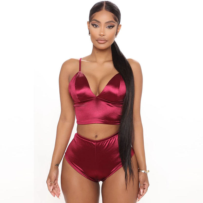 Flirty Bliss Satin Crop Top & High Waist Lounge Shorts Set Castello Clothing Line