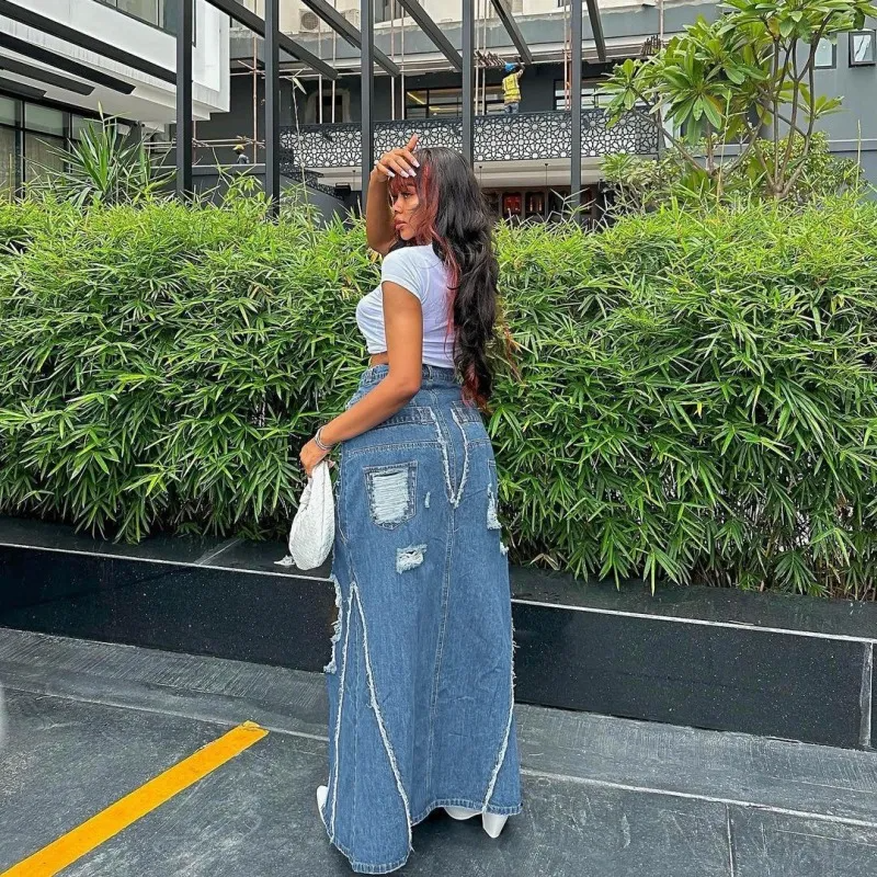 Ripped & Ready Slit Maxi Denim Skirt Castello Clothing Line