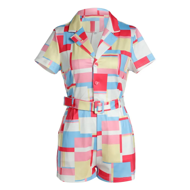 Pop Art Belted Short Sleeve Collared Romper Castello Clothing Line