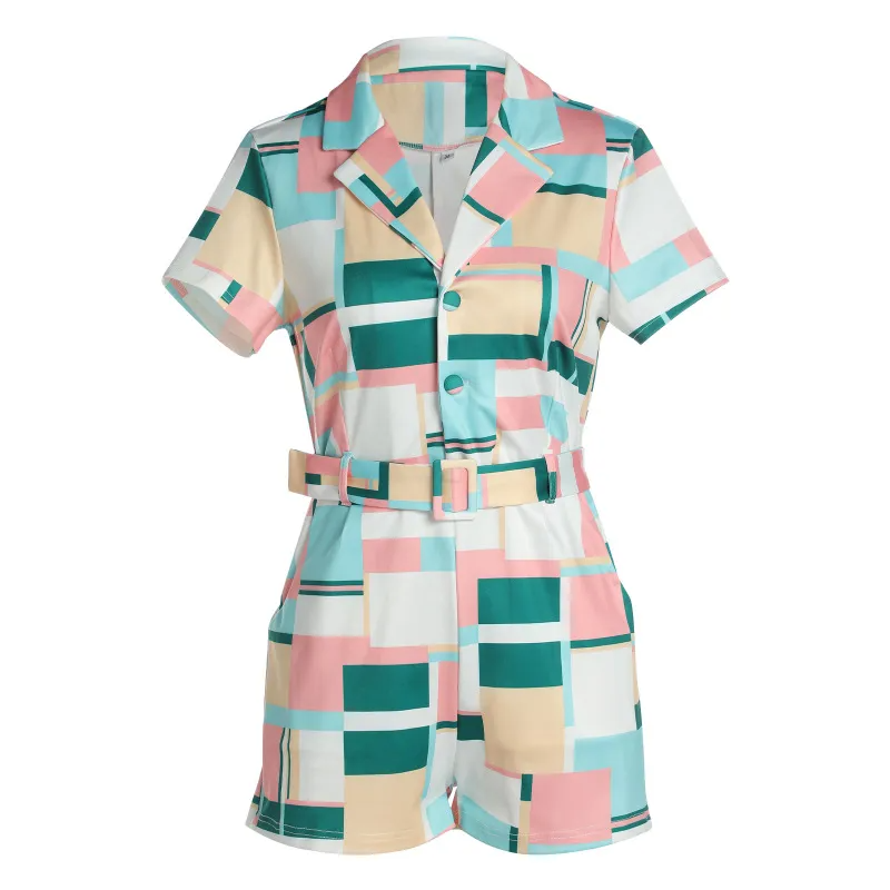 Pop Art Belted Short Sleeve Collared Romper Castello Clothing Line