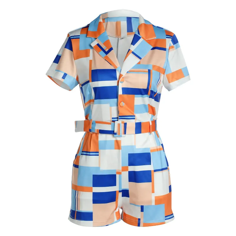 Pop Art Belted Short Sleeve Collared Romper Castello Clothing Line