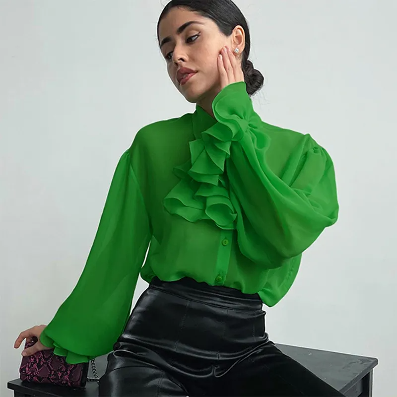 Green ruffle long sleeve blouse