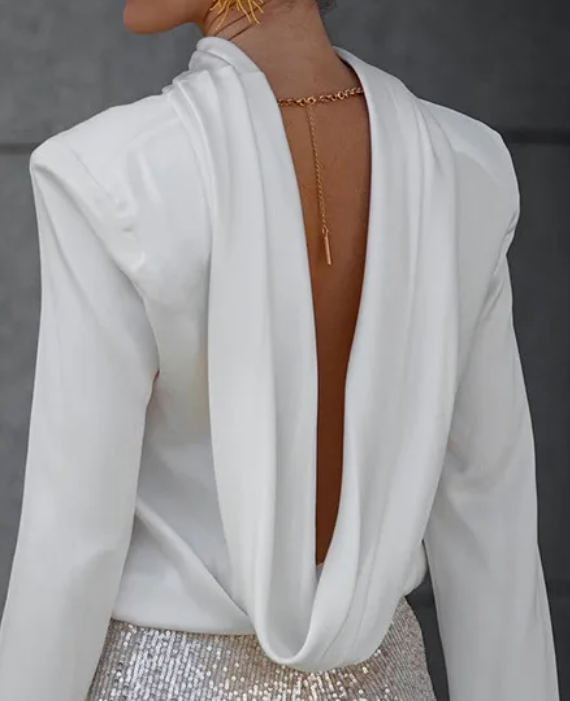 Sleek Escape High Neck Draped Back Long Sleeve Blouse Castello Clothing Line