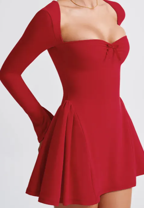 Crimson Sweetheart Long-Sleeve Flared Mini Dress mini dress Castello Clothing Line