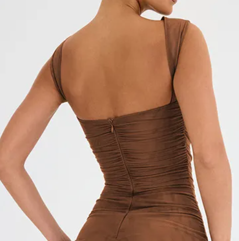 Marissa Sleeveless Ruched Sheer Overlay Bodycon Midi Dress midi dress Castello Clothing Line