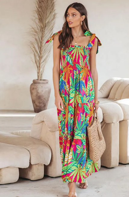 Anya Smocked Tie-Strap Tiered Flare Maxi Dress maxi dress Castello Clothing Line